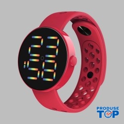 Ceas cu cadran rotund digital si bratara silicon rosie reglabila QUARTZ CDQZ111