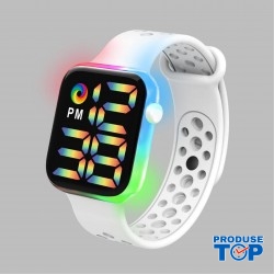 Ceas digital cu lumini cadran patrat si bratara alba reglabila din silicon QUARTZ CDQZ112