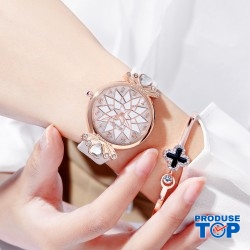 Ceas Dama alb curea din piele ecologica +bratara cu strasuri QUARTZ CDQZ113