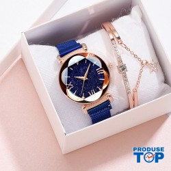 Ceas Dama cu bratara magnetica tip plasa cadran negru+bratara cu strasuri Blue QUARTZ CDQZ115