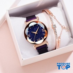 Ceas Dama cu bratara magnetica tip plasa cadran negru+bratara cu strasuri Purple QUARTZ CDQZ115