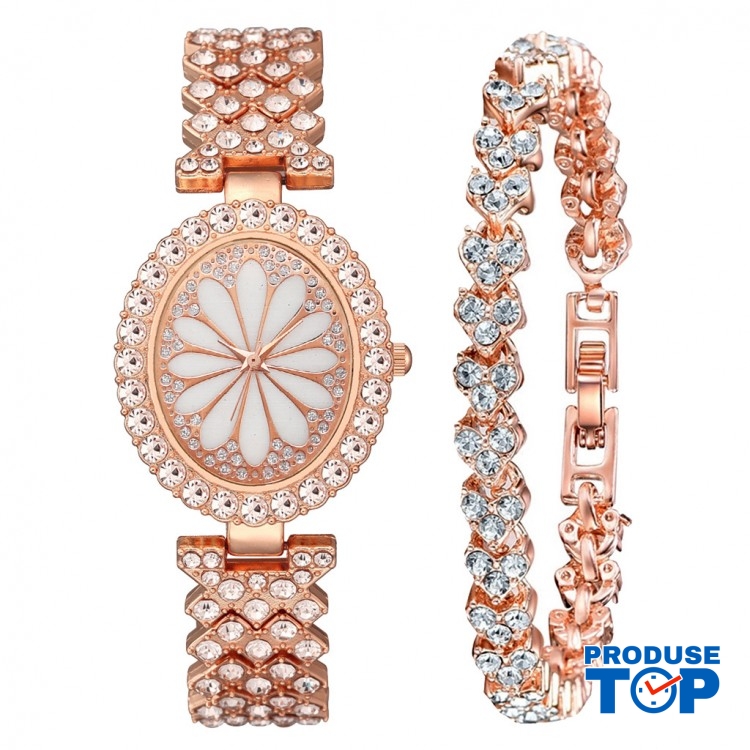 Set Ceas Dama Rosegold oval din metal cu strasuri + bratara QUARTZ CDQZ118