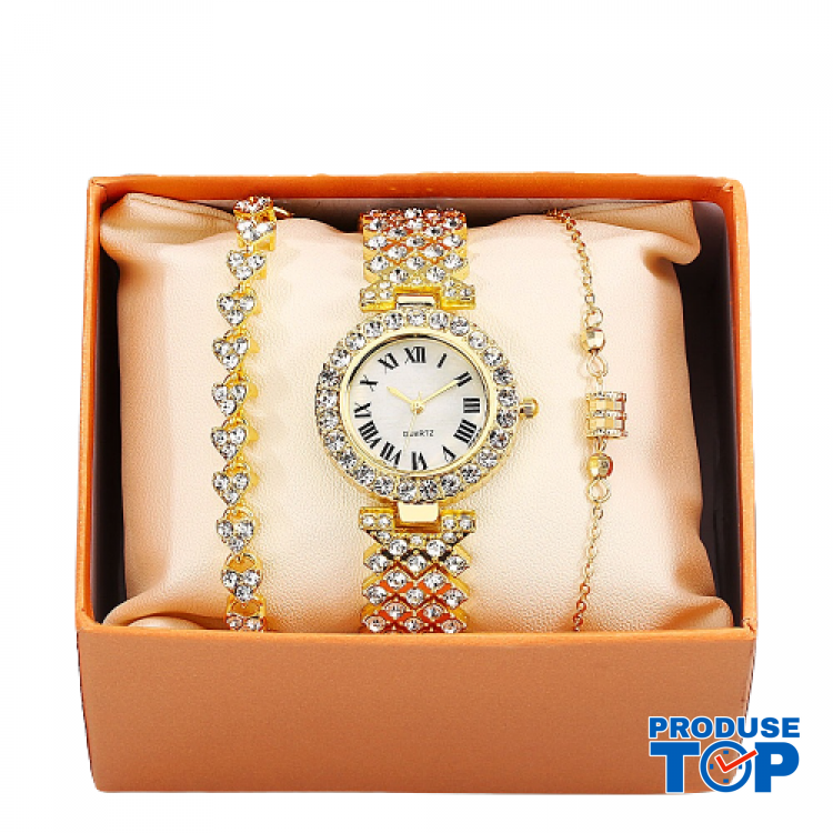 Ceas Dama Luxury  auriu rosiatic cu strasuri si 2 bratari aurii rosiatic + cutie CADOU QUARTZ CDQZ120
