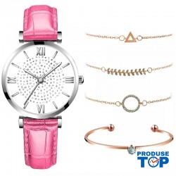 Ceas Dama cu bratara piele eco roz si set de 4 bratari aurii +Cutie CADOU QUARTZ CDQZ121