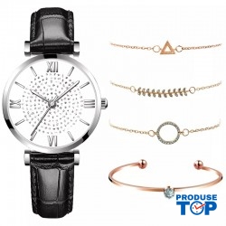 Ceas Dama din bratara piele eco neagra cu set de 4 bratari aurii +Cutie CADOU QUARTZ CDQZ121