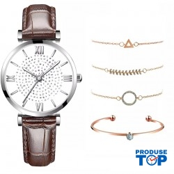 Ceas Dama cu bratara piele eco maro si set de 4 bratari aurii +Cutie CADOU QUARTZ CDQZ121