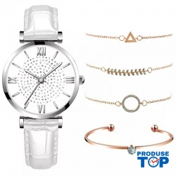 Ceas Dama cu bratara piele eco alba si set de 4 bratari aurii + Cutie CADOU QUARTZ CDQZ121