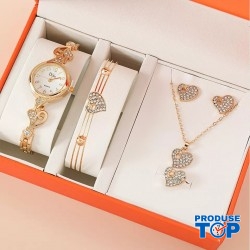 Set Ceas Dama Elegant auriu cu inimioare si cu set bijuterii cadou: cercei + colier + bratara + inel + cutie QUARTZ CDQZ122