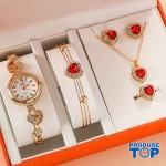 Set Ceas Dama Elegant auriu cu inimioare, pietre semipretioase rosii si cu set bijuterii cadou: cercei + colier + bratara + inel + cutie QUARTZ CDQZ122