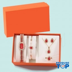Set Ceas Dama Elegant auriu cu rosu si cu set bijuterii cadou: cercei + colier + bratara + cutie  QUARTZ CDQZ129