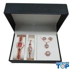Set Ceas Dama Elegant rosu cu set bijuterii cadou: cercei + colier + bratara + inel + cutie  QUARTZ CDQZ130