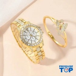  Set Ceas Dama Elegant auriu cu strasuri si bratara cu fluture cadou QUARTZ CDQZ134