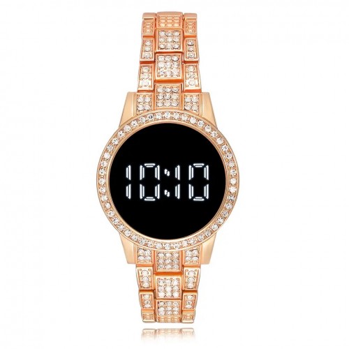 Ceas Dama Luxury roze-auriu cu strasuri pe carcasa si curea cu afisaj led digital CDQZ136