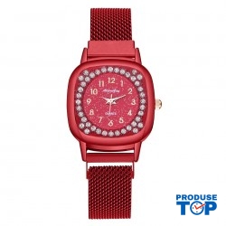 Ceas Dama Elegant Rosu cu strasuri cadran patrat  bratara magnetica QUARTZ CDQZ138