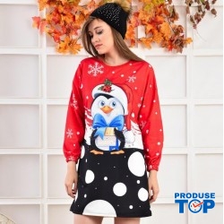 Rochie Dama rosie de Craciun  cu Maneca Lunga si Imprimeu Pinguin RCD01