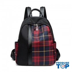 Rucsac Dama din material impemeabil cu carouri rosu si dunga din piele eco ACRD185