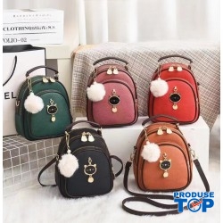 Rucsac Geanta Fashion din piele eco cu buzunar exterior cu fermoar si accesorii aurii in forma de pisicuta ACRD346