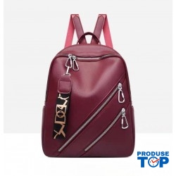 Rucsac dama fashion rosu din piele ecologica cu breloc ACRD369