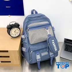 Ghiozdan tip Rucsac albastru din material textil impermeabil cu buzunare multiple si catarame ACRD377 Ghiozdan tip Rucsac albastru din material textil impermeabil cu buzunare multiple si catarame ACRD377