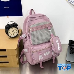 Ghiozdan tip Rucsac mov-lila din material textil impermeabil cu buzunare multiple si catarame ACRD377 Ghiozdan tip Rucsac mov-lila din material textil impermeabil cu buzunare multiple si catarame ACRD377