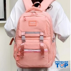 Ghiozdan tip Rucsac roz din material textil impermeabil cu buzunare multiple si catarame ACRD379