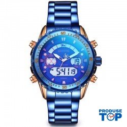 Ceas Barbati Digital Albastru cu insertii aurii si curea metalica + CUTIE CADOU Stryve CBSTV012