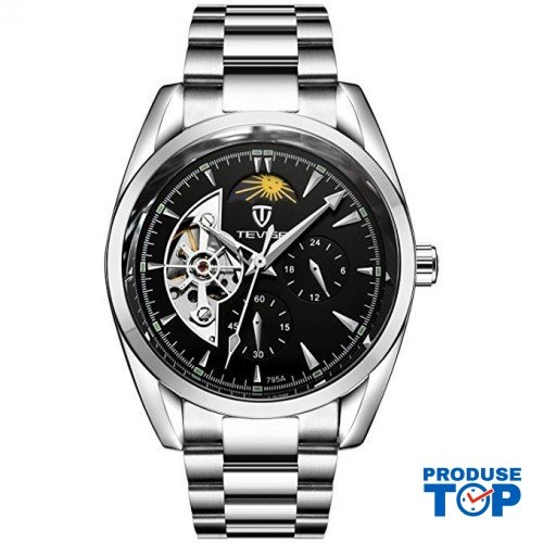 Ceas Barbatesc Business Automatic Silver Black cu bratara metalica Tevise CBTV005