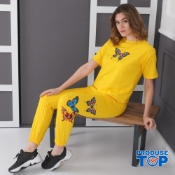 Trening Dama sport casual galben compus din tricou si pantaloni de trening cu imprimeu fluturi TND020