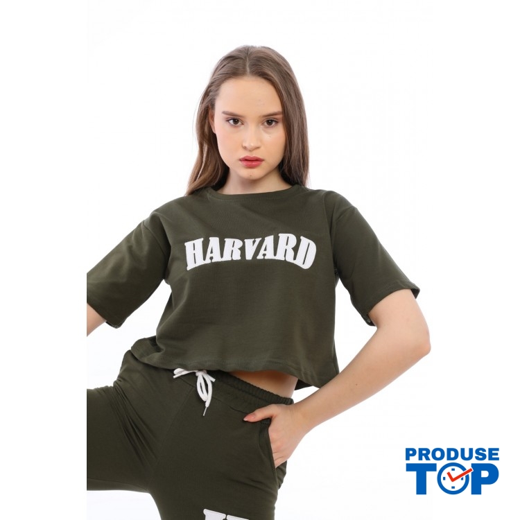 Trening Dama sport casual kaki compus din tricou scurt si pantaloni de trening cu talie inalta College TND021