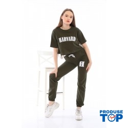 Trening Dama sport casual kaki compus din tricou scurt si pantaloni de trening cu talie inalta College TND021