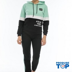 Trening Dama sport casual lightblue compus din hanorac scurt si pantaloni de trening cu talie inalta TND036