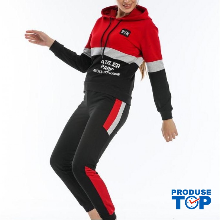 Trening Dama sport casual rosu compus din hanorac scurt si pantaloni de trening cu talie inalta TND036