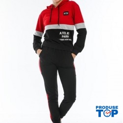 Trening Dama sport casual rosu compus din hanorac scurt si pantaloni de trening cu talie inalta TND036