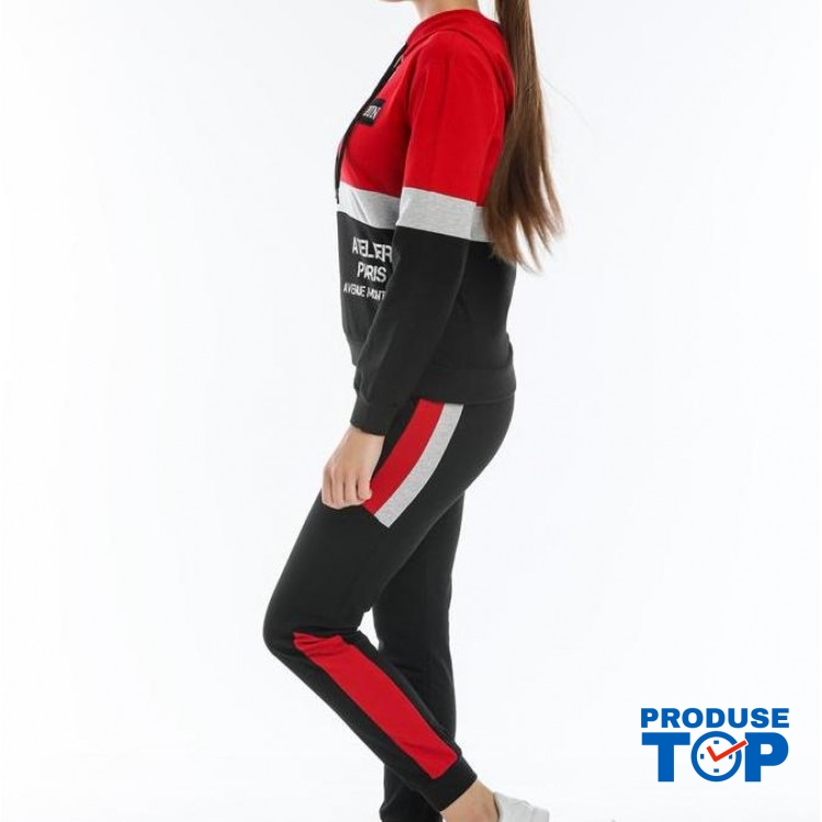 Trening Dama sport casual rosu compus din hanorac scurt si pantaloni de trening cu talie inalta TND036