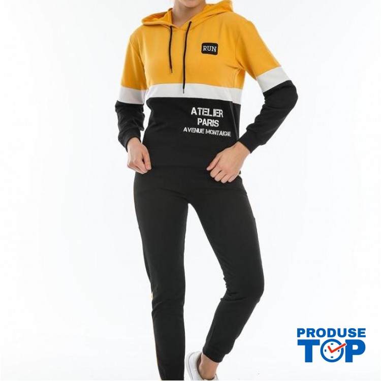 Trening Dama sport casual galben compus din hanorac scurt si pantaloni de trening cu talie inalta TND036