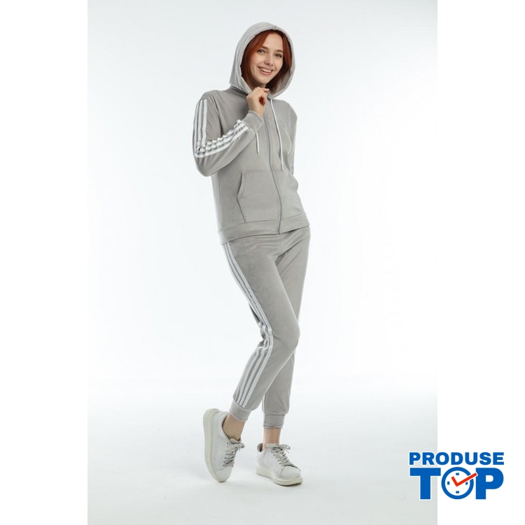trening Dama Catifea gri sport compus din bluza si pantaloni de trening cu talie inalta si bluza cu gluga TND039