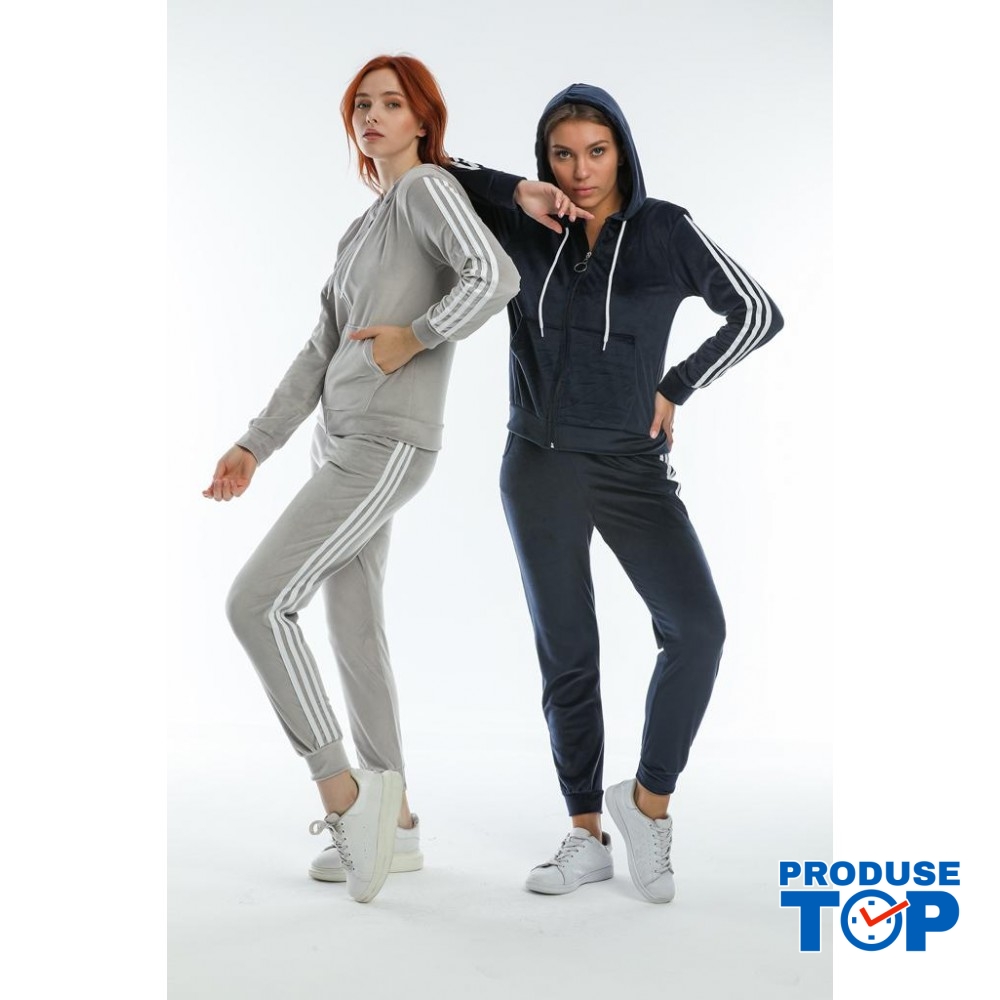 trening Dama Catifea gri sport compus din bluza si pantaloni de trening cu talie inalta si bluza cu gluga TND039