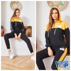 Trening Dama sport casual negru compus din hanorac si pantaloni de trening cu talie inalta TND048