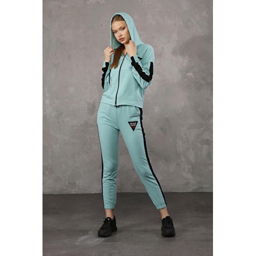 Trening Dama sport casual turquoise compus din hanorac si pantaloni de trening cu talie inalta TND058