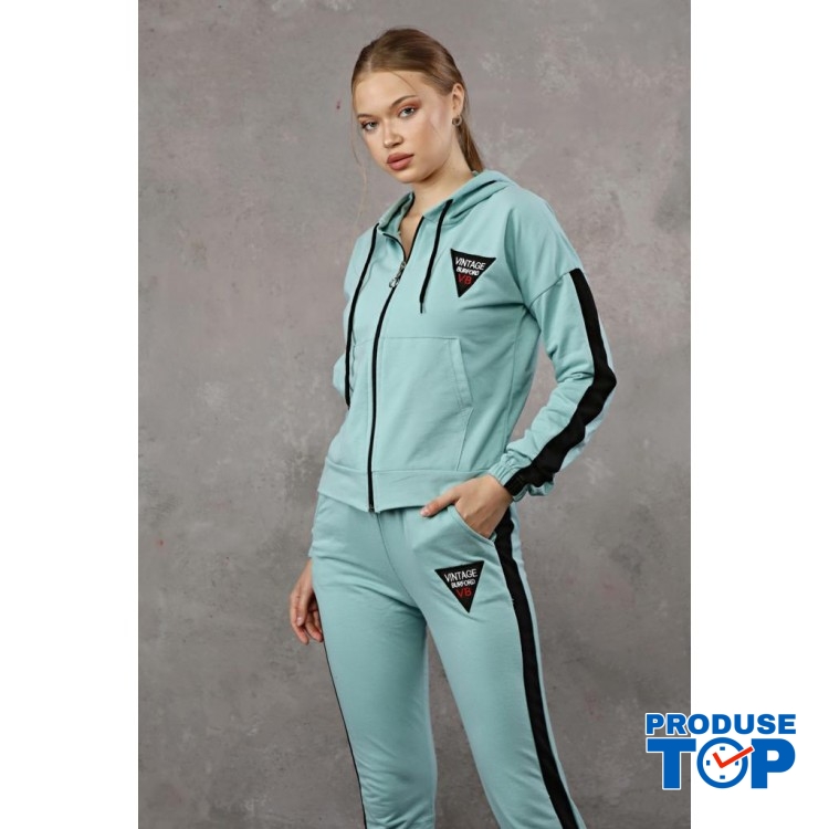 Trening Dama sport casual turquoise compus din hanorac si pantaloni de trening cu talie inalta TND058