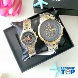 Set 2 Ceasuri pentru Cupluri Ulysses  cu bratara metalica auriu cu argintiu si cadran negru + Cutie Cadou SBD03 Set 2 Ceasuri pentru Cupluri Ulysses  cu bratara metalica auriu cu argintiu si cadran negru + Cutie Cadou SBD03