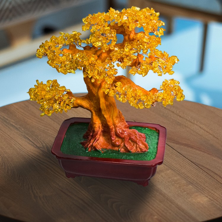 Copac Feng Shui cu Pietre Semipretioase de Citrin, Suport Ceramic, Naimeed D4626-Galben, Inaltime 37cm