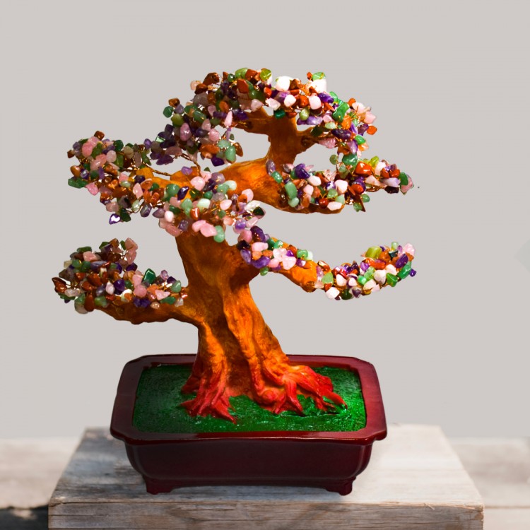 Copac Feng Shui cu Pietre Semipretioase, Suport Ceramic, Naimeed D4626-Multicolor, Inaltime 37cm