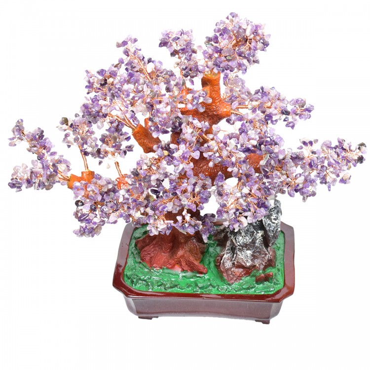 Copac Feng Shui cu Pietre Semipretioase de Ametist, Suport Ceramic, Naimeed D4628-Mov, Inaltime 43cm
