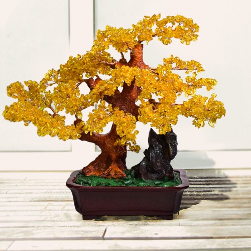 Copac Feng Shui cu Pietre Semipretioase de Citrin, Suport Ceramic, Naimeed D4628-Galben, Inaltime 43cm