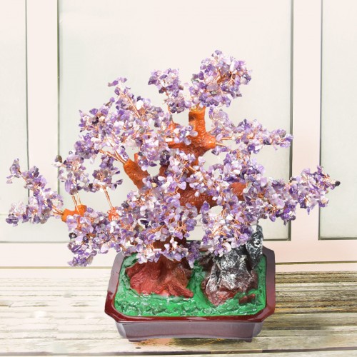 Copac Feng Shui cu Pietre Semipretioase de Ametist, Suport Ceramic, Naimeed D4628-Mov, Inaltime 43cm