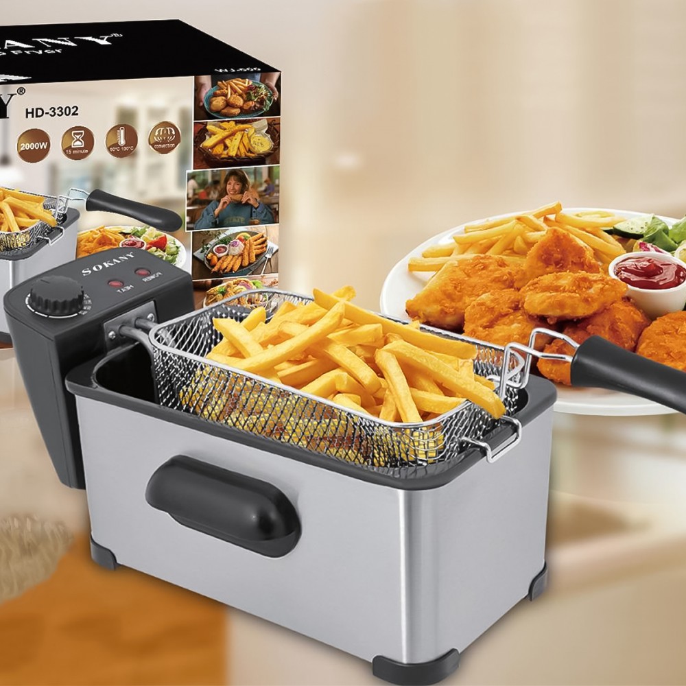 Friteuza Sokany HD-3302, 2000W, 3.5L, Termostat reglabil, Negru/Inox