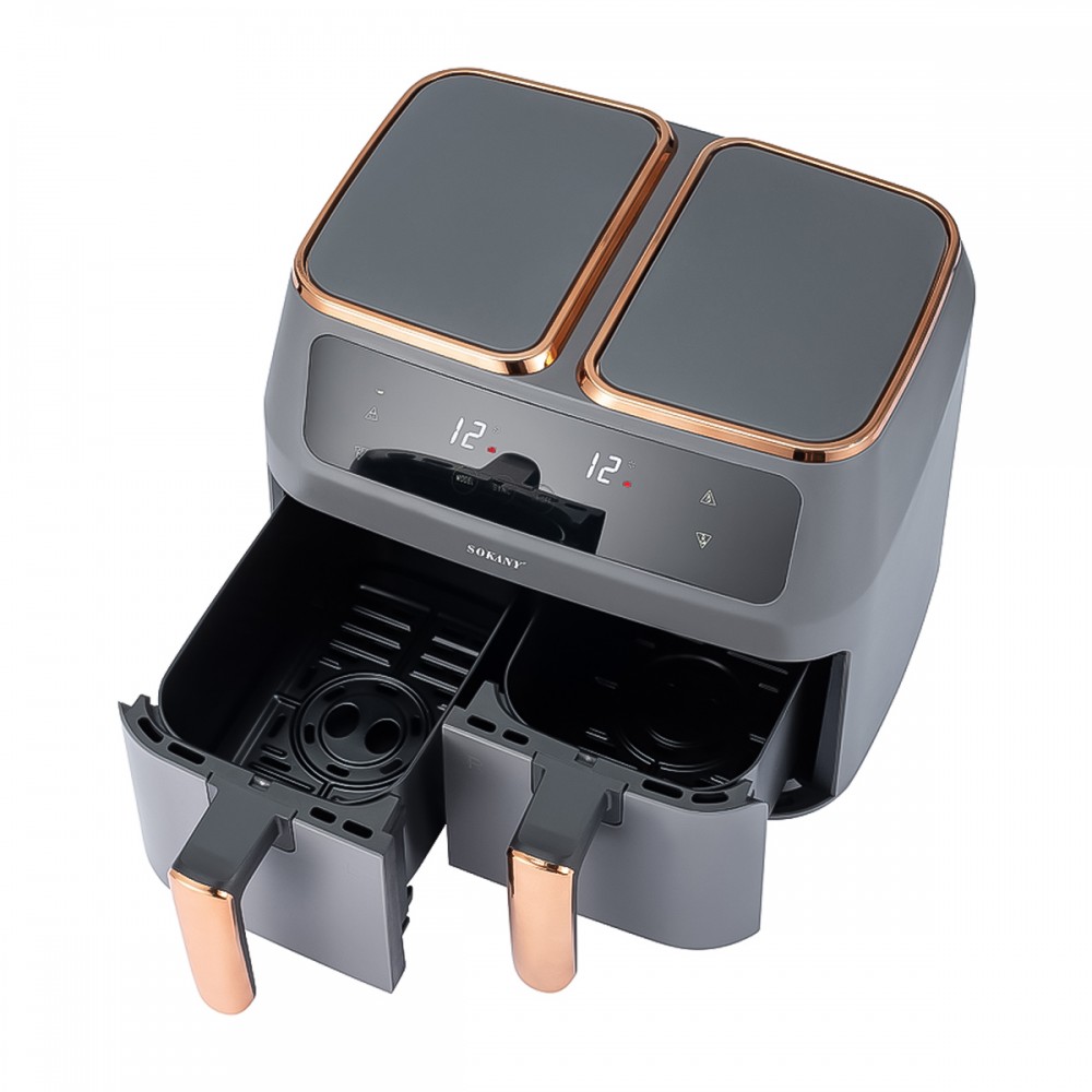 Friteuza fara ulei, Sokany SK-8030, 2 sertare de gatit, 2800W, 8L, Control Temperatura, Gri/Auriu