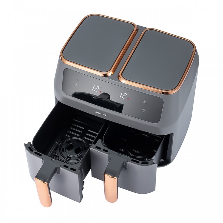 Friteuza fara ulei, Sokany SK-8030, 2 sertare de gatit, 2800W, 8L, Control Temperatura, Gri/Auriu