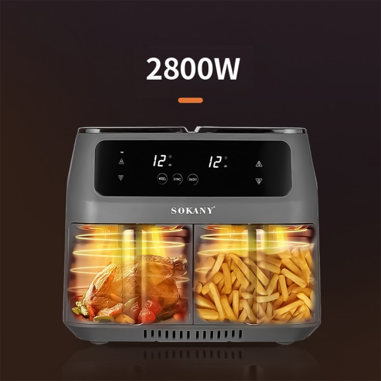 Friteuza fara ulei, Sokany SK-8030, 2 sertare de gatit, 2800W, 8L, Control Temperatura, Gri/Auriu